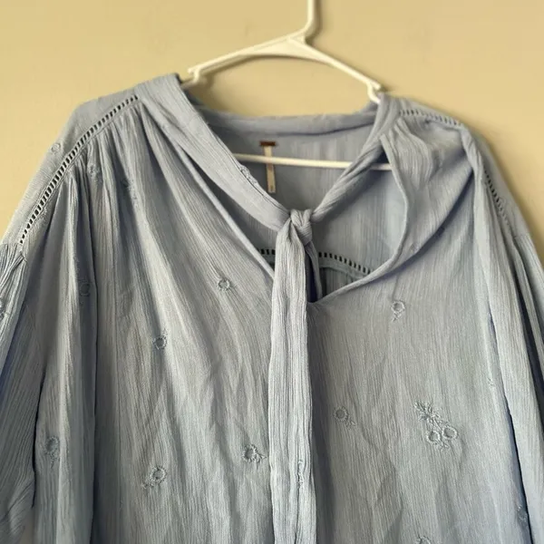 Free People Blue Embroidered Wishful Moments Tie Neck Top Size Medium Boho - Image 6