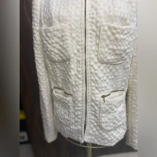Zara Wool Blend Zip Front Textured Blazer Medium Winter White - Image 14