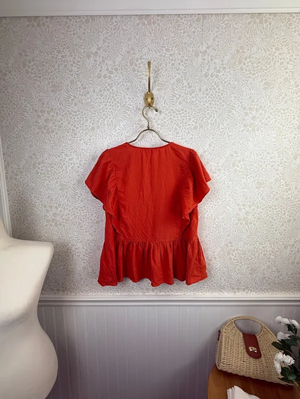 Madewell Rusted Clay Linen-Blend Flutter-Sleeve Peplum Top - Size - Medium - Image 4