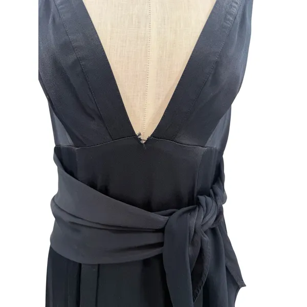 Free People Black Plunge Open Back‎ Maxi Dress Tie Waist High Slit Gown US 2 - Image 3