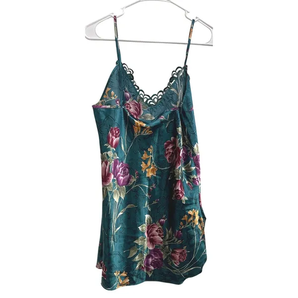 Vintage 90s Green Floral Satin Slip Fairy Grunge Lace Lingerie Top‎ Coquette S - Image 2