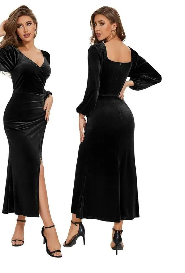NEW Long Sleeve Ruched Velvet Wrap Cocktail Maxi Dress XL 12/14 - Image 2