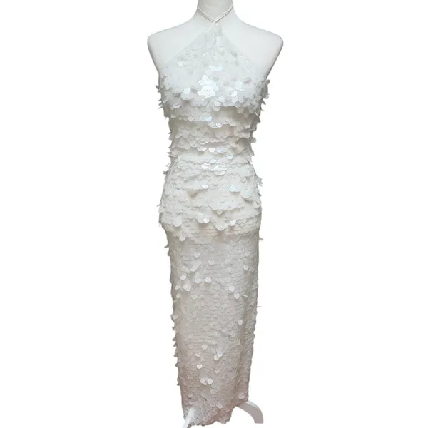 The New Arrivals White Sequin Embellished Halter Maxi Dress Bridal Size 36 - Image 2