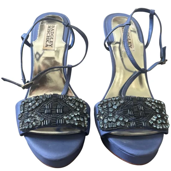 Badgley Mischka Amara T Strap Beaded Heels Sandals Sz 8.5 Light Blue Satin - Image 7