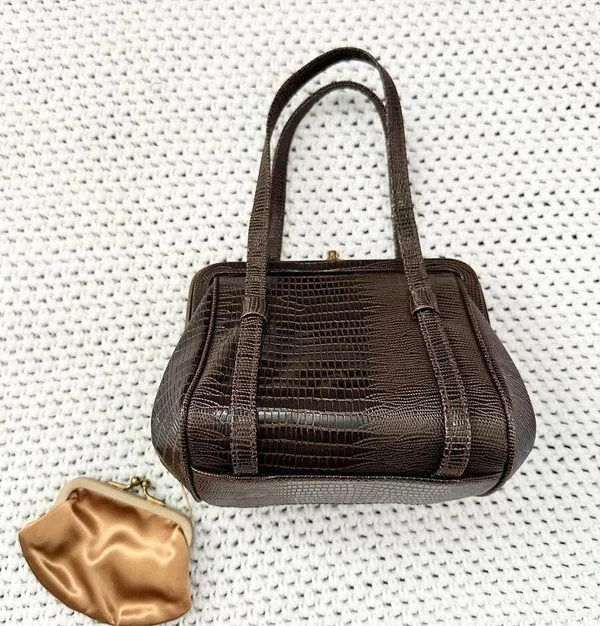 After Five Brown Reptile Textured Leather Framed Small Evening Bag Vintage - Image 8