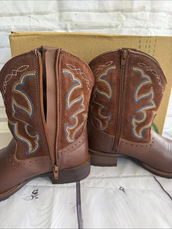Roper Brown Leather Western Boots with Blue and Cream Embroidery - Image 10