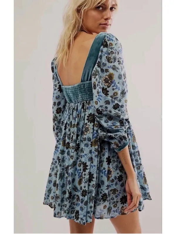 Free People Marsha Mini Velvet Retro Dress Empire Waist Size M Teal NWT - Image 2