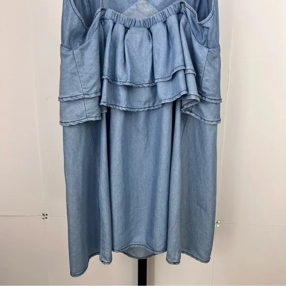 DO+BE Chambray Mini Dress Womens M Blue Tie Strap Ruffle Layered Boho Soft Girl - Image 8