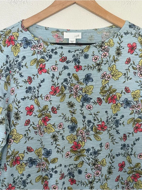 J Jill 100% Cotton Blue Floral 3/4 Sleeve Tunic Round Neck Lagenlook Classic - Image 2