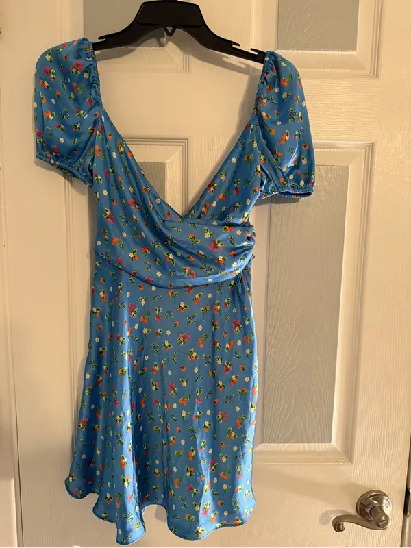 Zara Satin Blue Floral Short Puff-Sleeve Mini Dress - Image 3