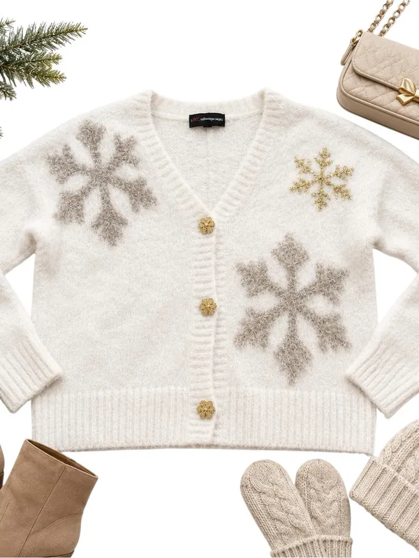 33 Degrees Ivory Snowflake Eyelash Knit Cardigan Gold Buttons Women’s Medium EUC - Image 12