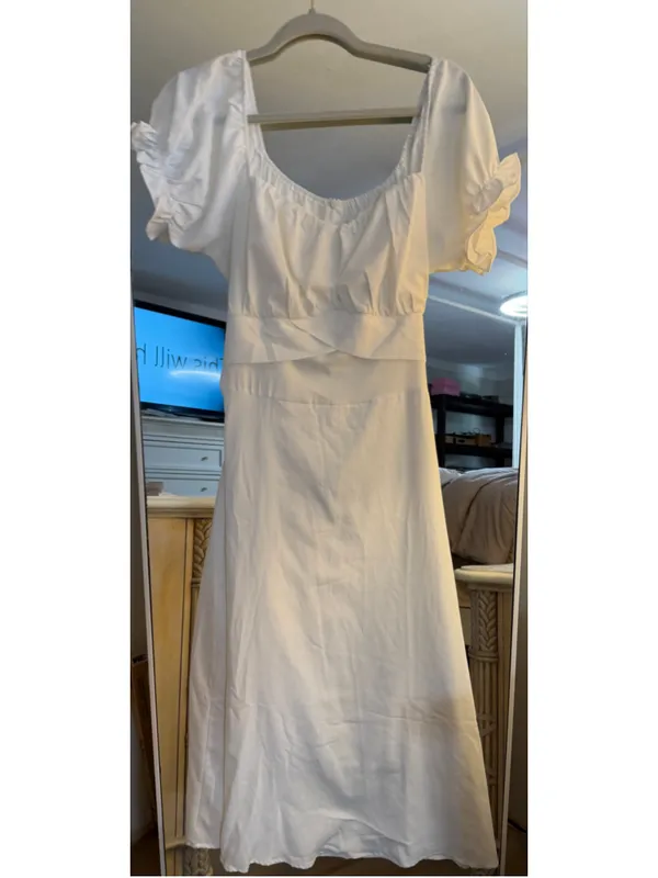 NEW Elegant Off Shoulder Short Sleeve Ruffle Mermaid Hem Belted Midi Dress XL - Image 3