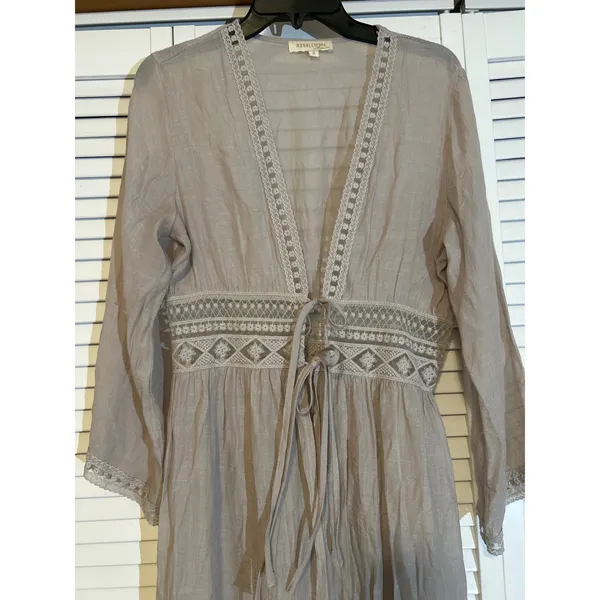 Rebellion Again Kimono Maxi Dress Beige Lace Trim Tie‎ Waist Long Sleeve size 2 - Image 2