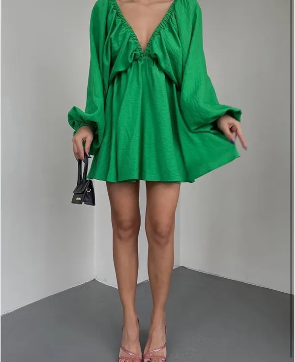 Green Flowy V neck Mini Dress - Image 3
