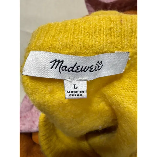 Madewell Yellow/White/Brown/Purple Striped Knit Wool Crewneck Pullover L D25 - Image 9