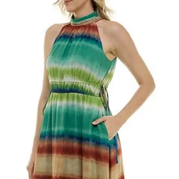 Taylor NWT Printed Chiffon Mock Neck Sleeveless Gathered Maxi Dress Rust Teal 6‎ - Image 3