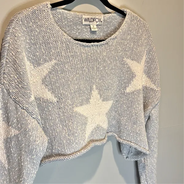 Wildfox Cropped Star Print Light Blue Sweater - size Small - Image 2