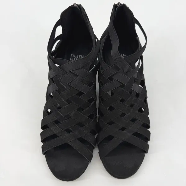 Eileen‎ Fisher Black Leather Strappy Cage Wedge Sandals Womens 8 Zip Back - Image 2