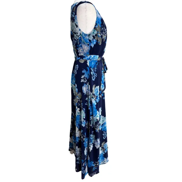 K Studio Collection Maxi Dress Blue Floral Sleeveless Chiffon Belted Wedding 6 - Image 2