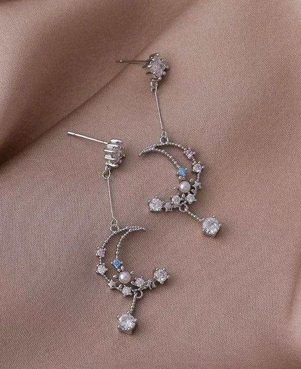 Women's Crystal Moon Star Dangle Drop Tassel Earrings - Image 2