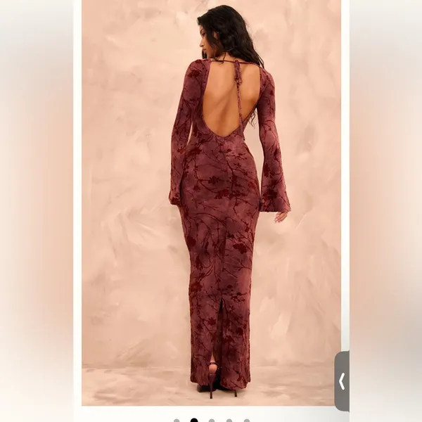 PrettyLittleThing Long Sleeve Floral Burnout Maxi Dress in Dusty Plum - Image 2