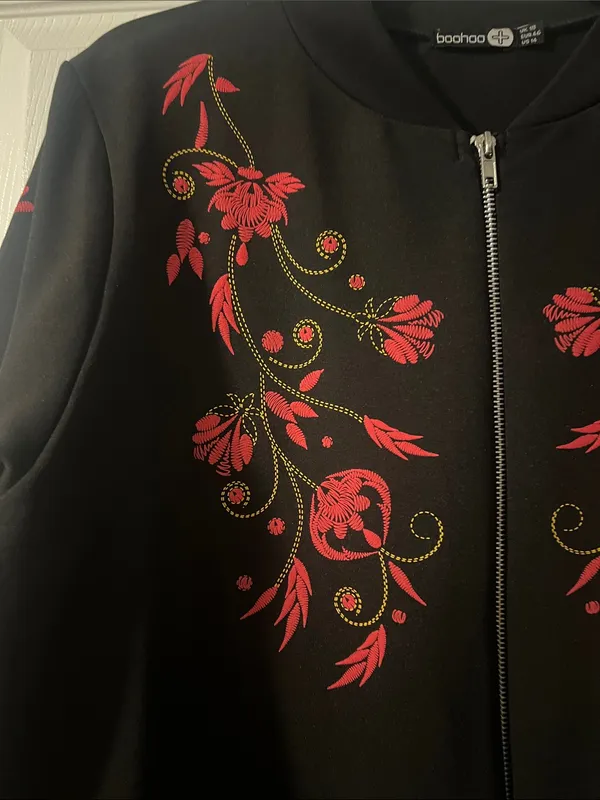 Boohoo Black Bomber Jacket with Red Floral Embroidery - Image 2