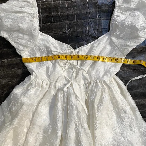 Mable White Floral Poofy Mini Dress Front Tie Puff Sleeves Coquette Y2k - Image 6