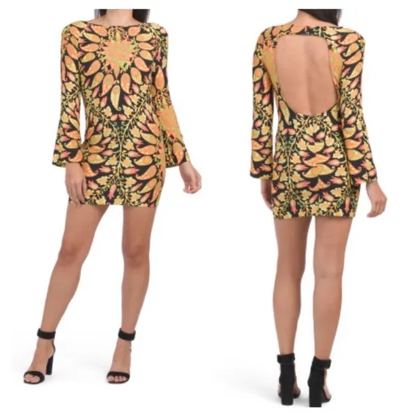 Zara Womens XS Mini Bodycon Floral Paisley Dress Bell Sleeve Cutout Multicolor‎ - Image 4
