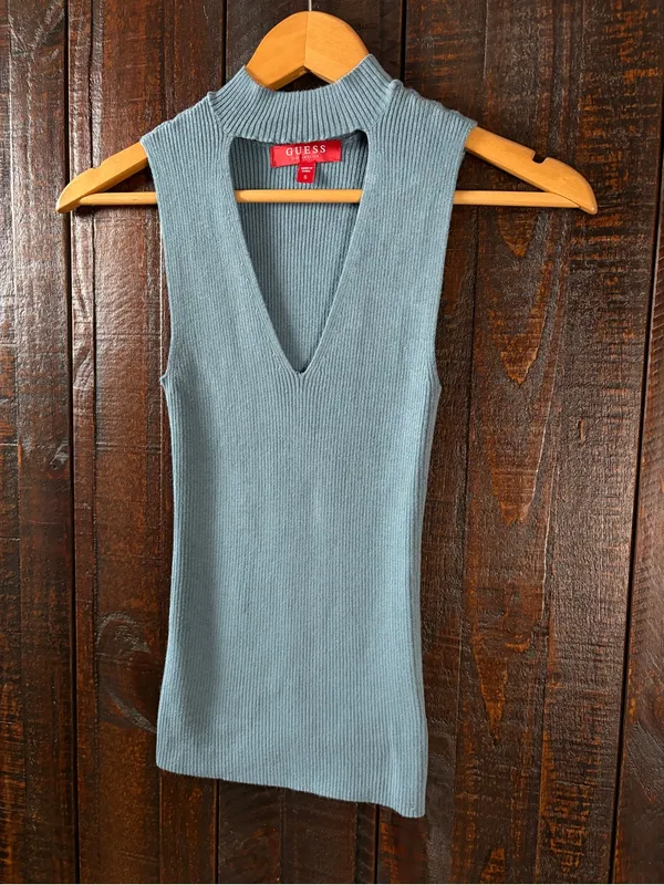 GUESS Ribbed Sleeveless V-cutout Sweater Top in Dusty Teal - Image 5