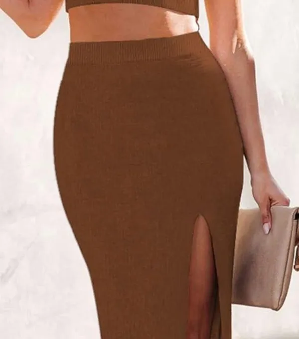 Women’s Two Piece Set Brown Dress Cami Top High Side Slit Bodycon Long S… - Image 2