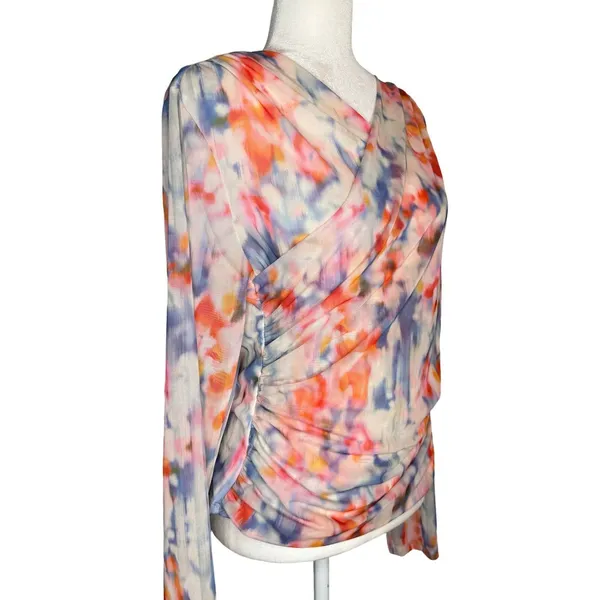 Anthropologie Mesh Crossover Long Sleeve Blouse Watercolor Large Semi‎ Sheer - Image 4