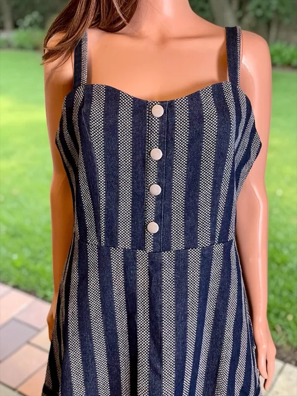 Umgee NWT Denim Stripe Mini Dress L Frayed Hem Boho Summer Adjustable Straps - Image 3