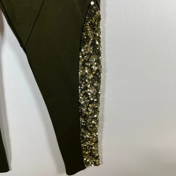 Alice + Olivia Olive Green Sequin Panel‎ Leggings Slim Fit Pants Stretch Green - Image 5