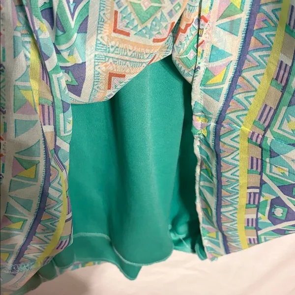 Espresso Teal and Coral Geometric Knee Length Y2K Women’s Dress - Image 3