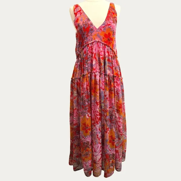 Free People Julianna Maxi Dress Small Red Floral Tiered Chiffon Sheer Boho Chic - Image 3