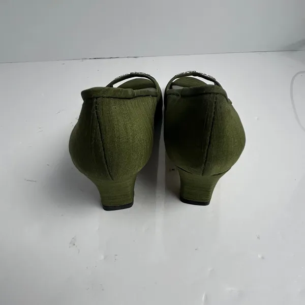 Coldwater Creek Olive Green Rhinestone Bow Peep Toe Kitten Heel Pumps 9M - Image 3
