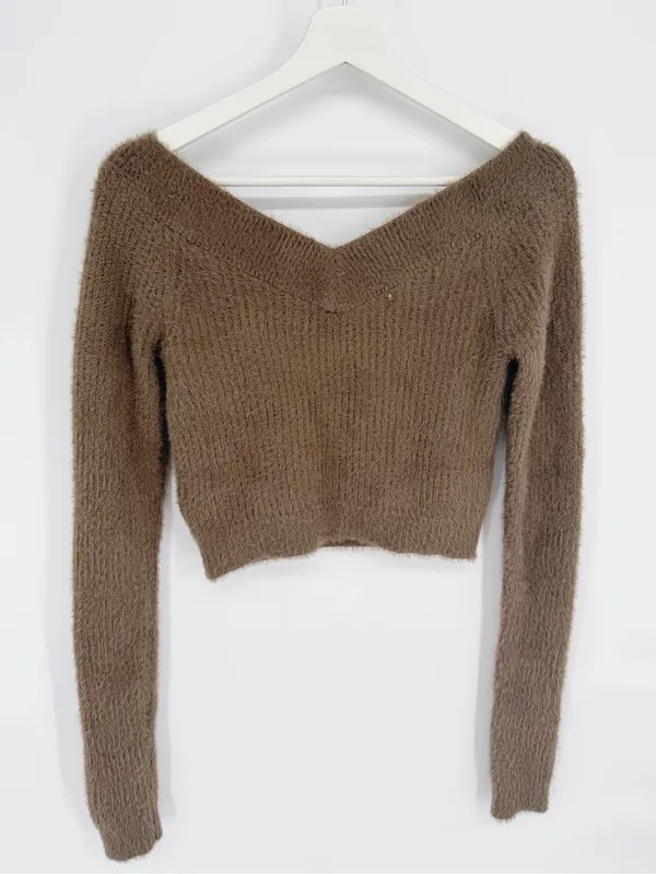 American Eagle Fuzzy Off-Shoulder Sweater Brown Small - Image 3