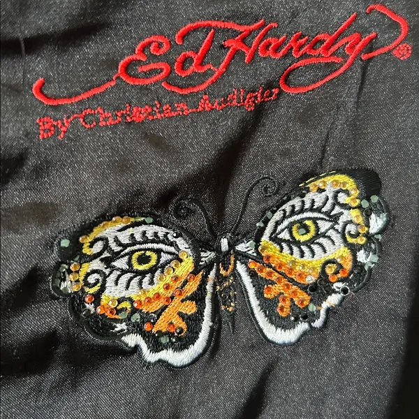 Ed Hardy Womens Bomber Jacket Black Zip Roar Embroidered Butterfly‎ Eyes Vintage - Image 6