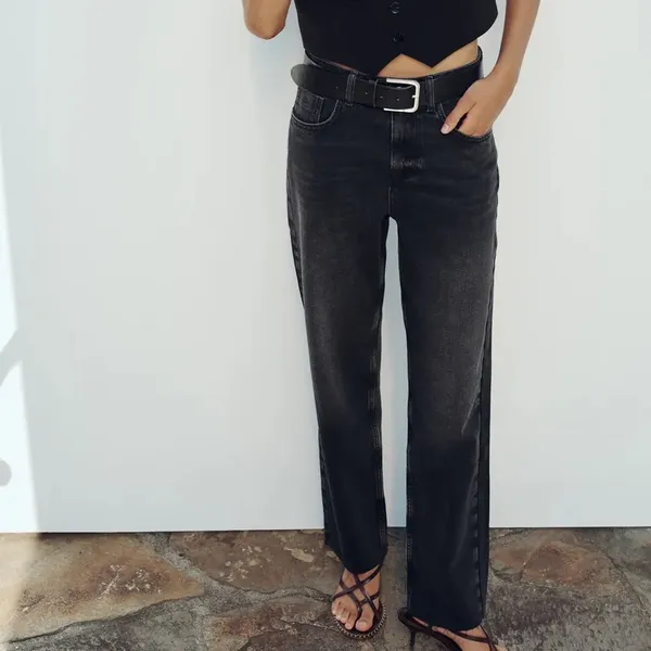 Zara High Rise Straight Leg Raw Hem Jeans Faded Black Size‎ 2 - Image 2