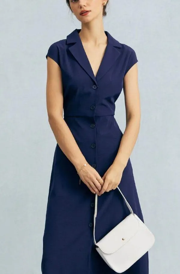 RIHOAS The Navy V Neck Button Cap Sleeve Midi Dress - Image 4