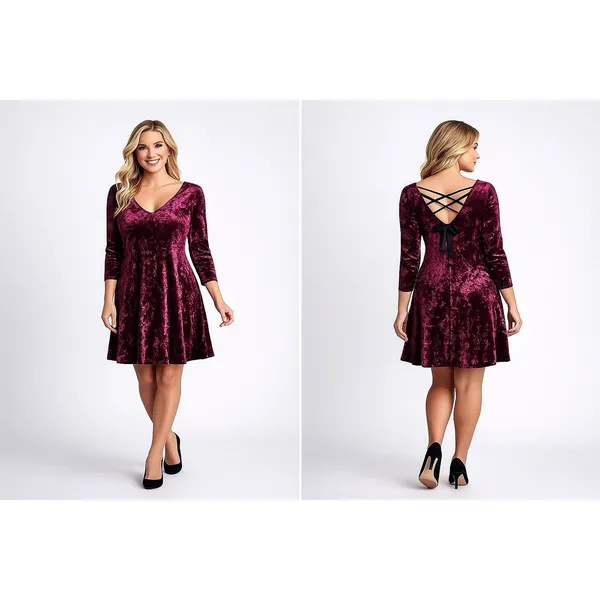 A Byer 90s Y2K Burgundy Crushed Velvet Black Tie Up Back V-neck Dress L Holiday - Image 2