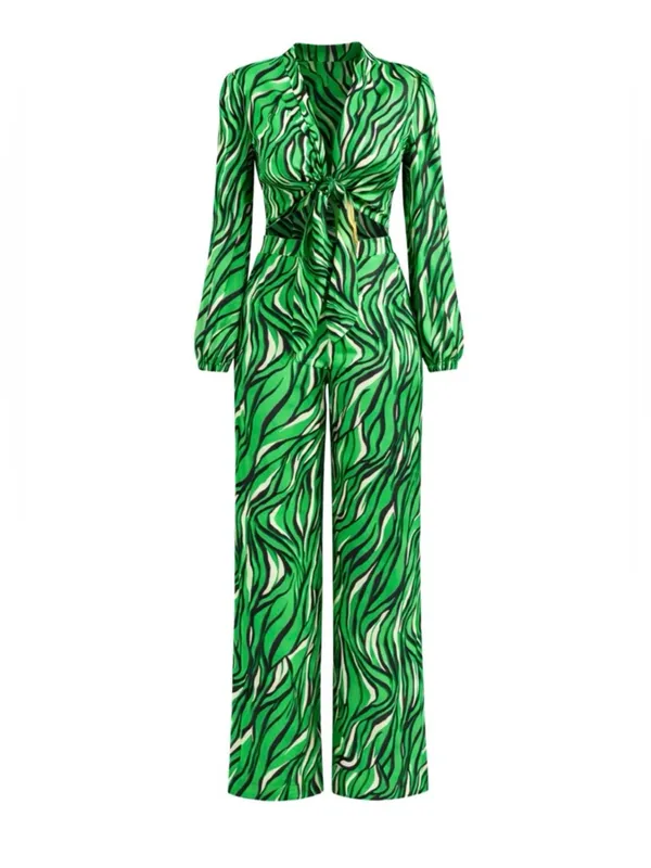 Green Zebra Print Tie Front Top & Wide Leg Pants Set Size M NWT - Image 2