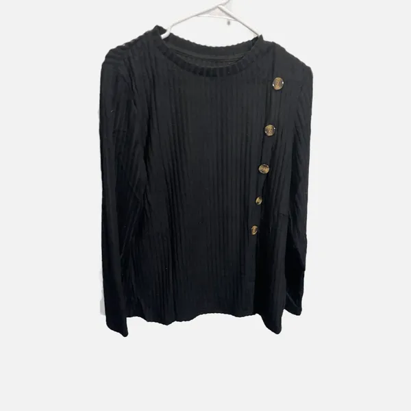 Womens Black Ribbed Knit Long Sleeve Top Asymmetrical Button Accent Boho‎ Large - Image 3