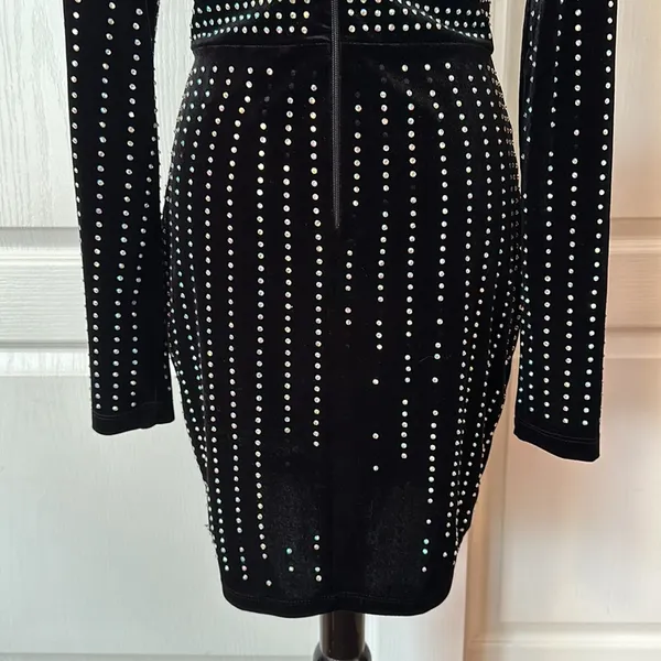 Windsor Black Velvet Studded V Neck Wrap Long Sleeve Dress - Image 3