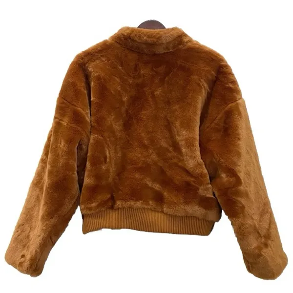 Free People $168 Faux Fur Furry Bomber Jacket Terracotta Golden Brown Size S - Image 5