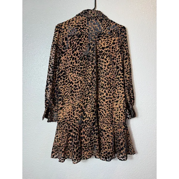 Tuckernuck Leopard Print Burnout Ruffle‎ Hem Shirt Dress XS Brown - Image 3
