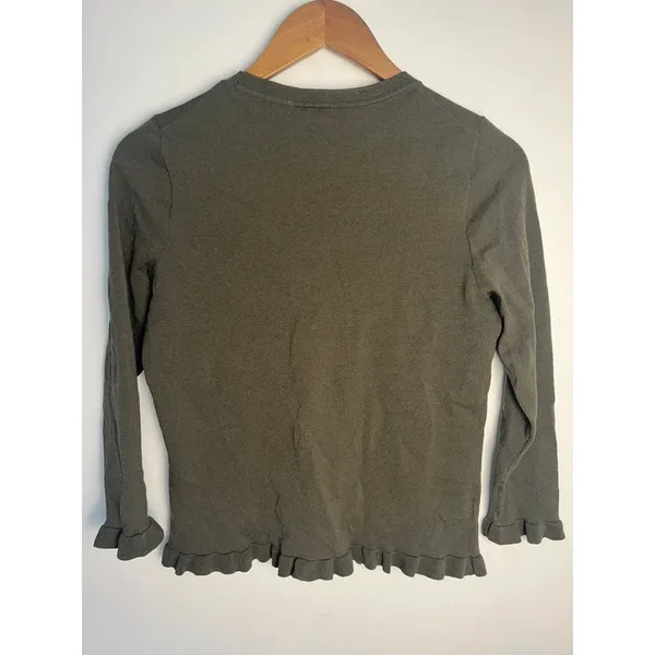 Ann‎ Taylor Factory Med Olive Green Ruffle Hem Crew Neck Sweater Minimal Office - Image 4