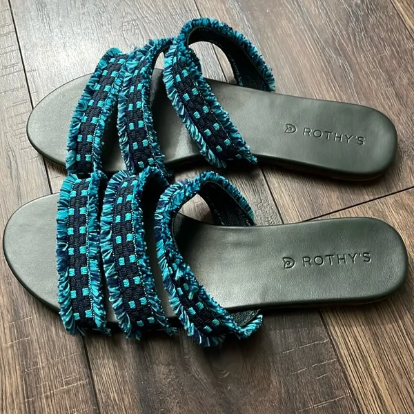 NEW‎ Rothy’s Triple Band Teal Navy Blue Fringe Sandals Size 11 - Image 3