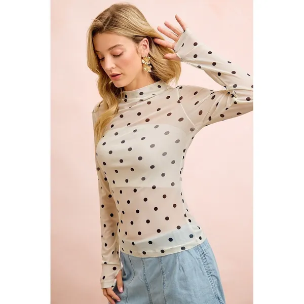 BiBi High Neck Line Polka Dots Mesh Top With Thumb Open - XLarge - Image 6