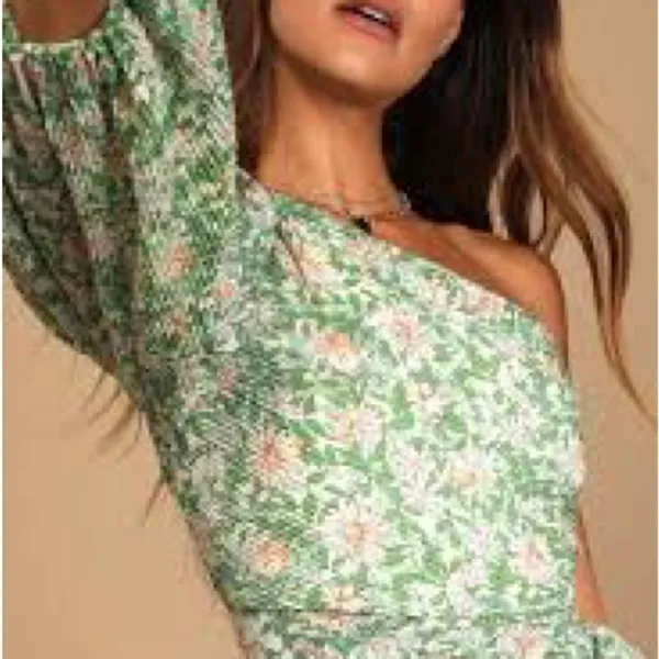 Lulu’s Grow Toward Love Green Floral Print Pleated One-Shoulder Top - Image 3